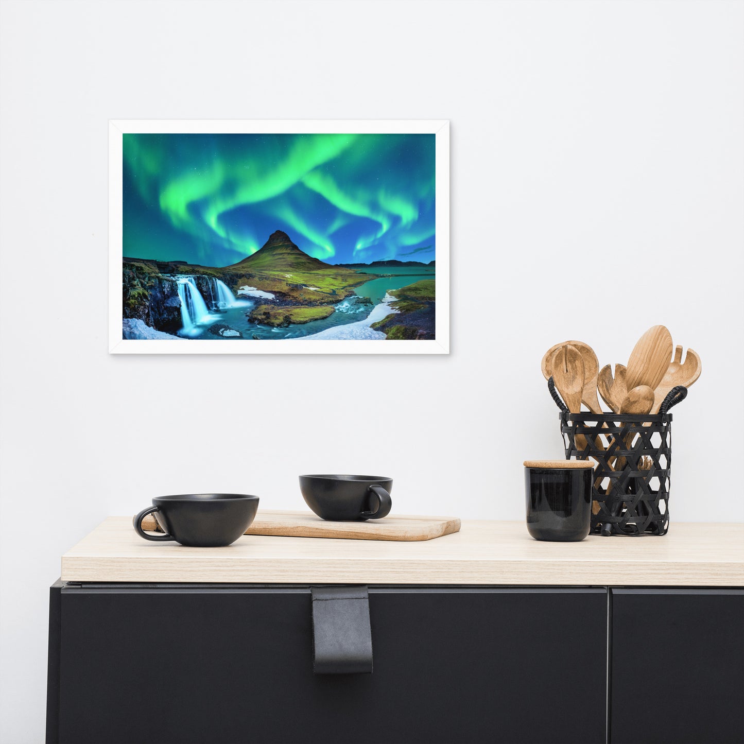 Winter Mountain Northern Lights Framed Wall Art Print