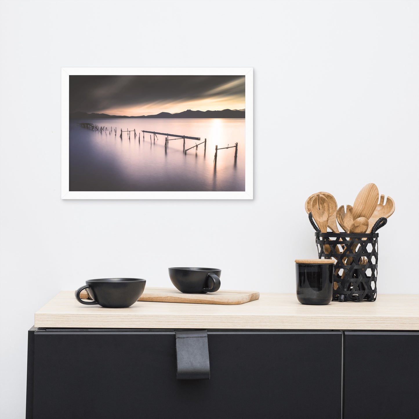 Moody Ruined Pier and Mountain Range Framed Wall Art Prints