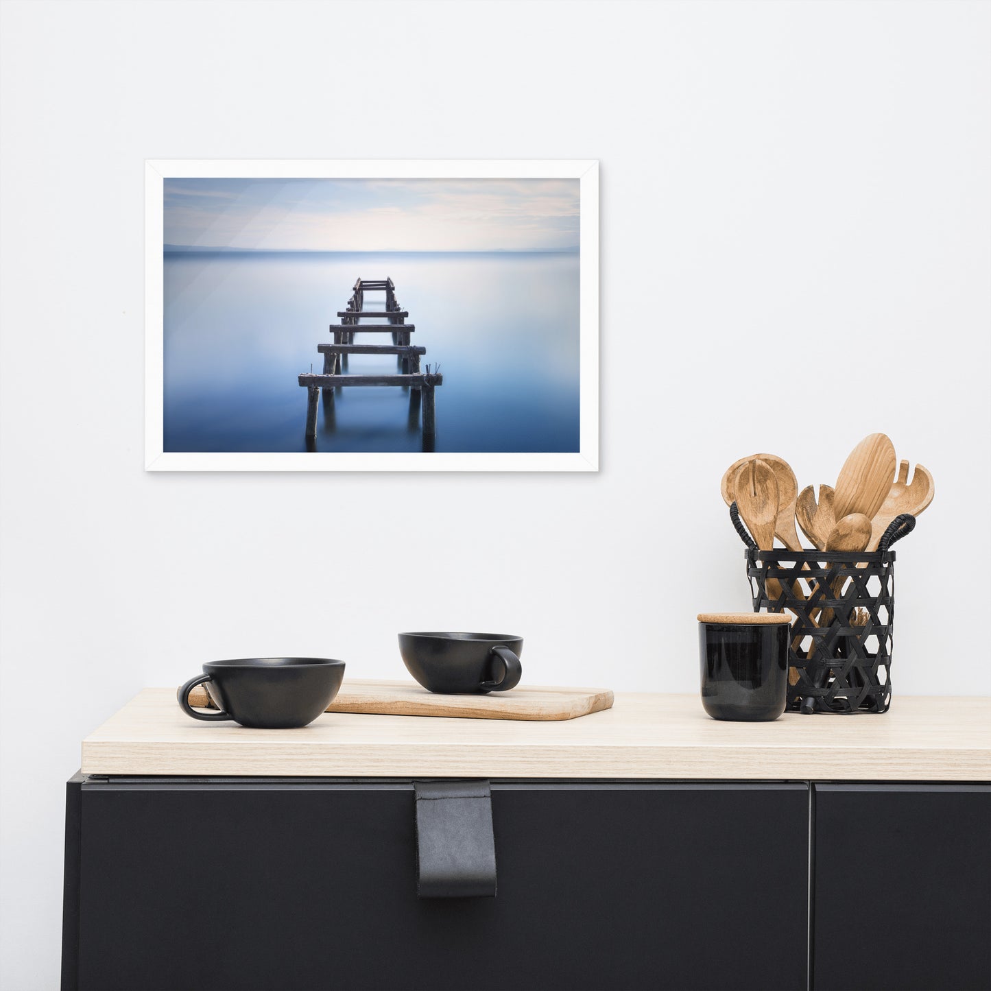 Soft Blue Lake and Abandoned Pier Landscape Photo Framed Wall Art Prints