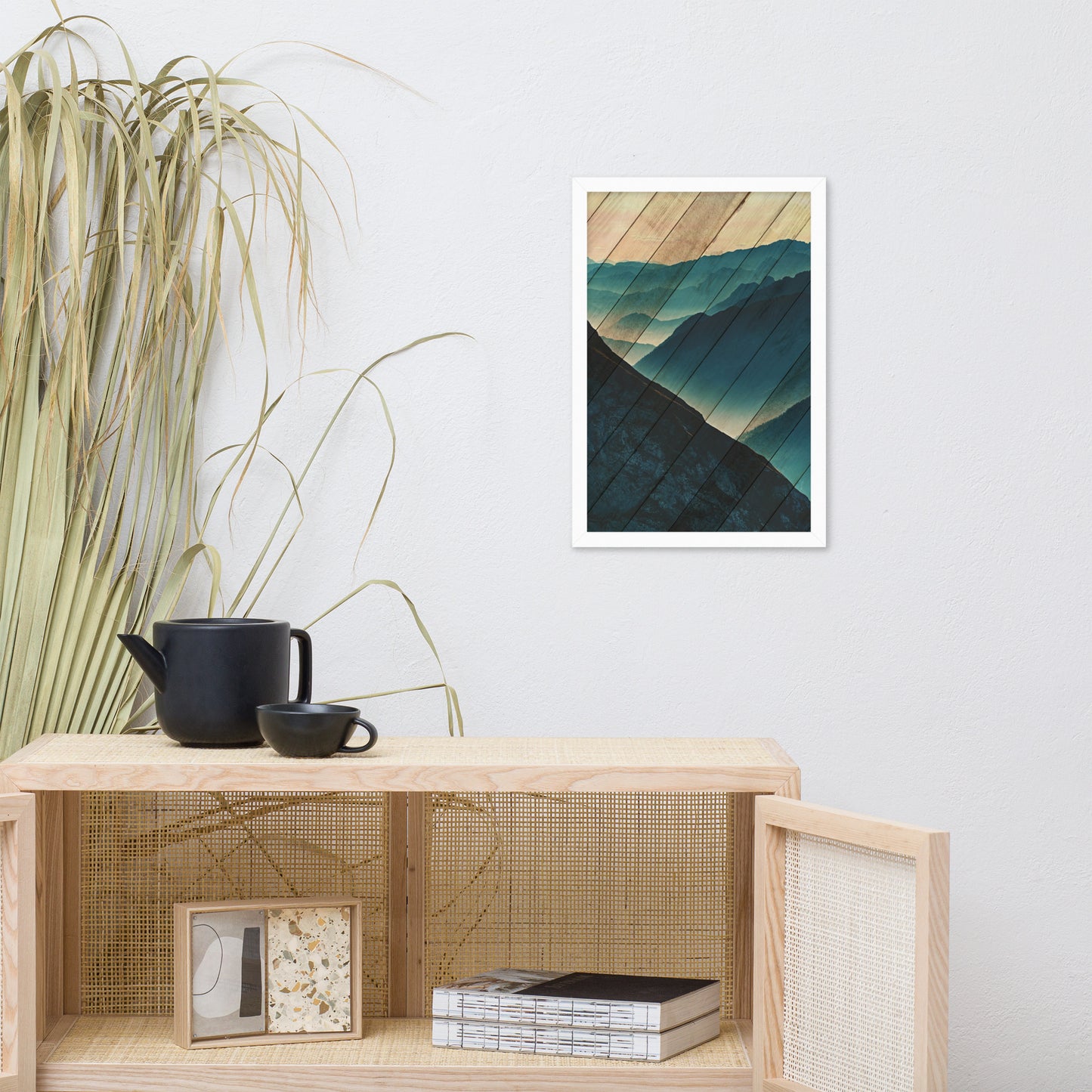 Faux Wood Misty Blue Silhouette Mountain Range Landscape Framed Photo Paper Wall Art Prints