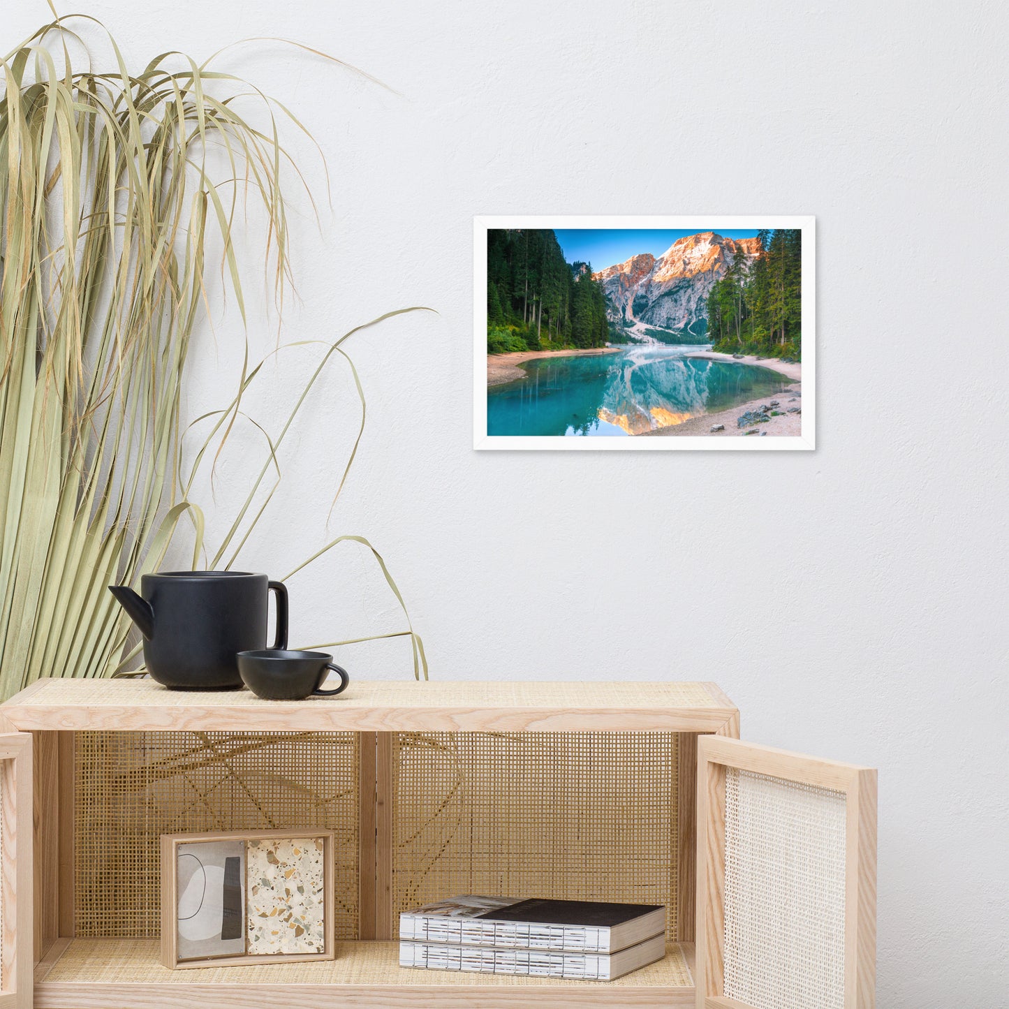 Farmhouse Dining Room Wall Art: Misty Lake and Snow - cap Mountain Reflections - Rural / Country Style / Rustic / Landscape / Nature Photograph Framed Wall Art Print - Artwork - Wall Decor