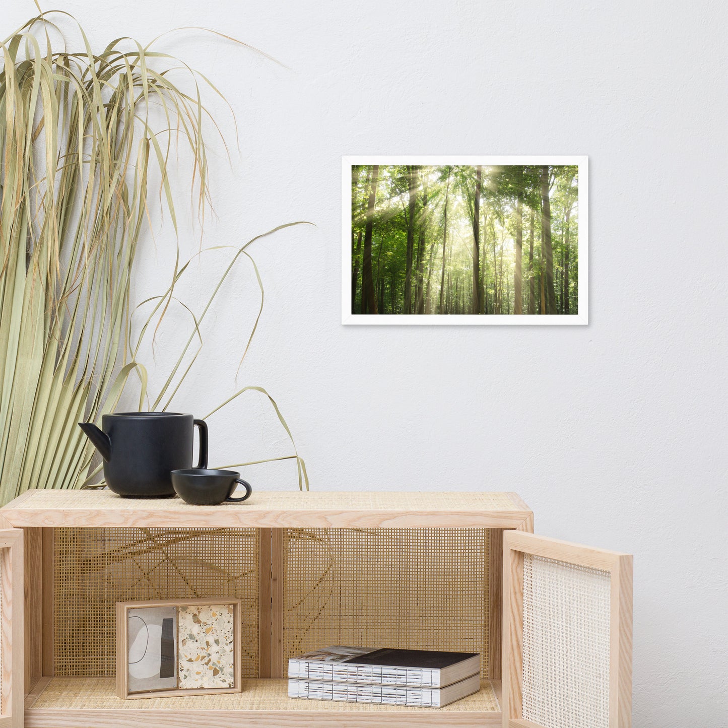 Sun Rays Through Treetops in the Forest Framed Photo Paper Wall Art Prints