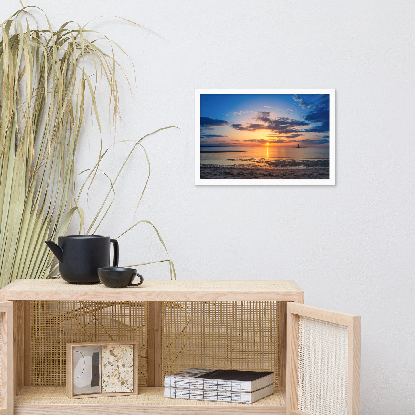 Sunset at Breakwater Lighthouse Landscape Framed Photo Paper Wall Art Prints