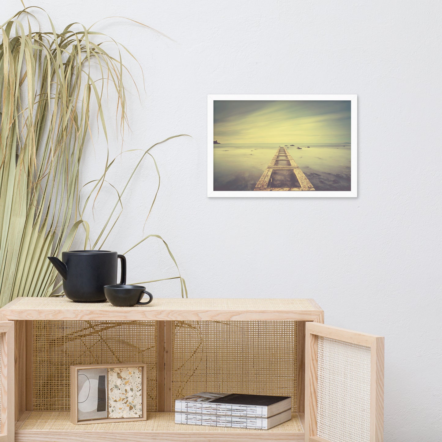 Moody Ocean and Sky Wooden Pier With Intrigued Trance Effects Framed Wall Art Prints