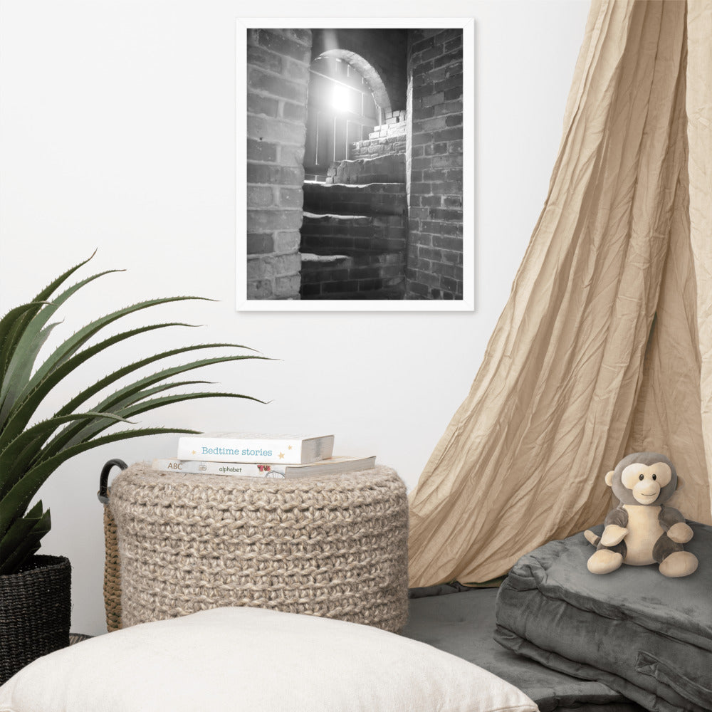 Modern Urban Art Prints: Fort Clinch Stairway Black and White Photo Framed Wall Art Print