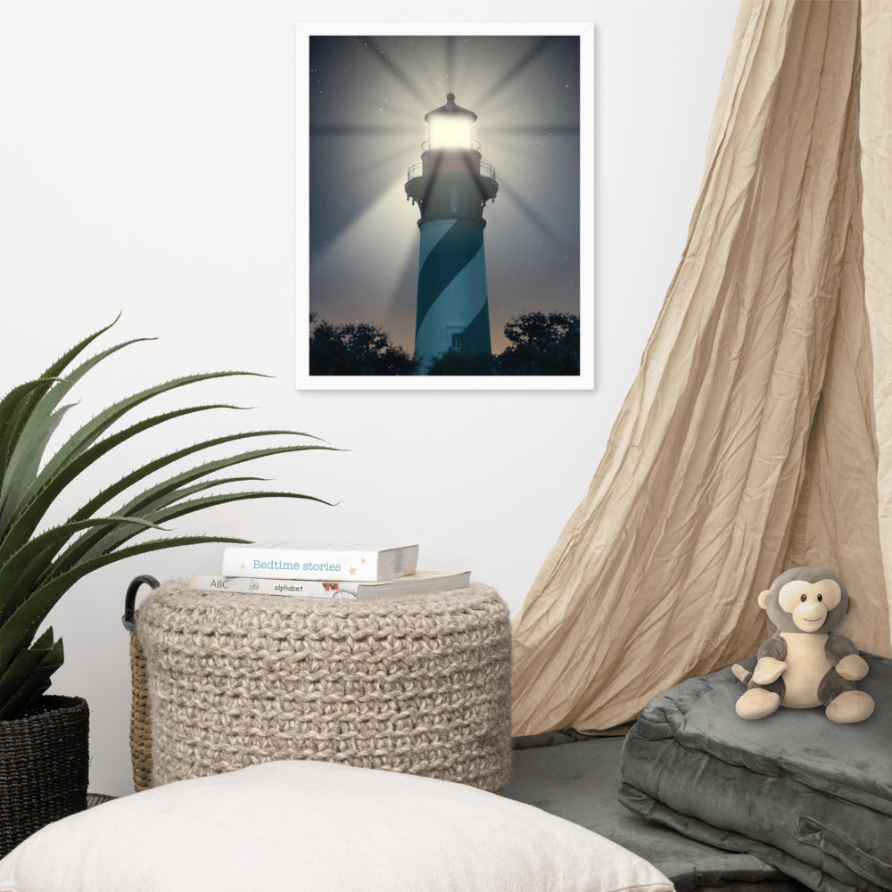 White Framed Coastal Wall Art: St. Augustine Lighthouse Night Light Photo Framed Wall Art Print