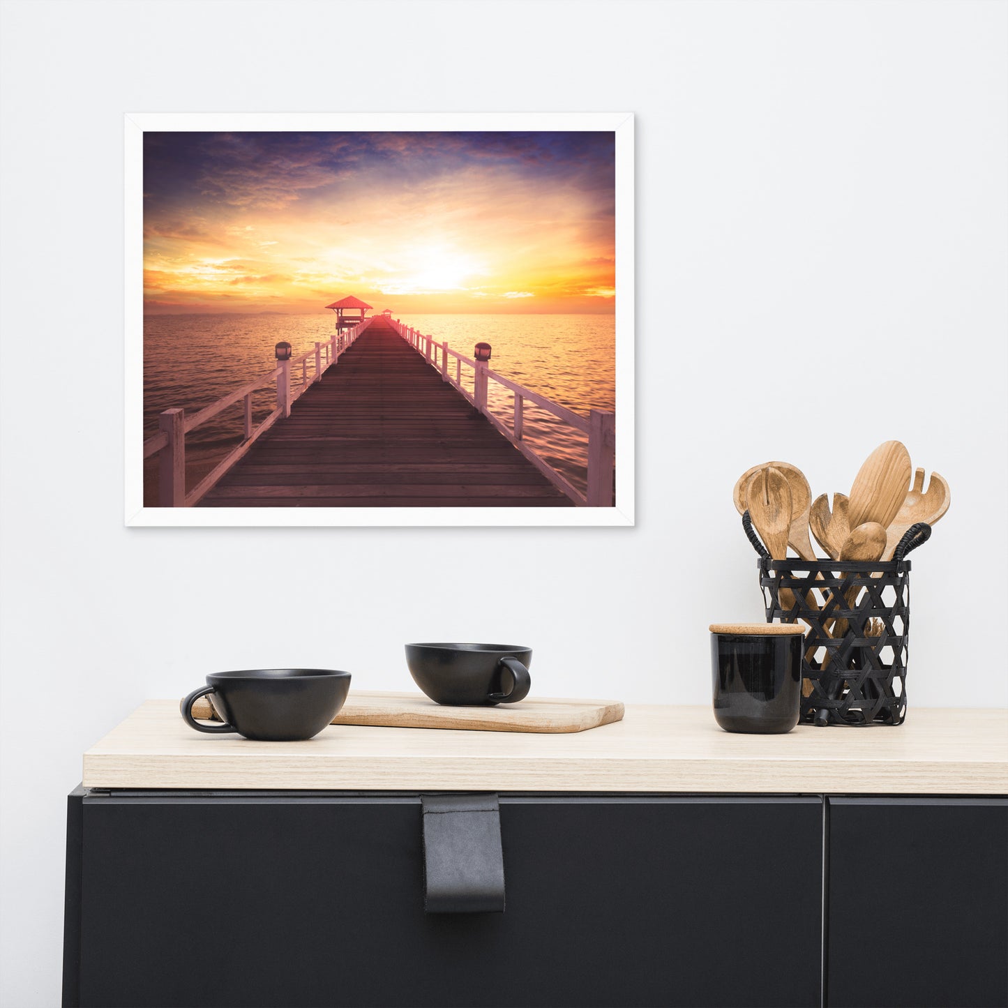 Surreal Wooden Pier at Sunset Framed Wall Art Print