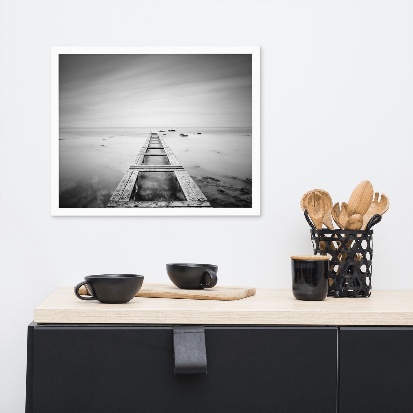 Moody Ocean and Sky Wooden Pier Black and White Framed Wall Art Prints