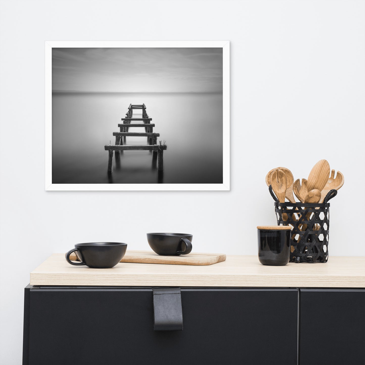 Soft Lake and Abandoned Pier Black and White Framed Wall Art Prints