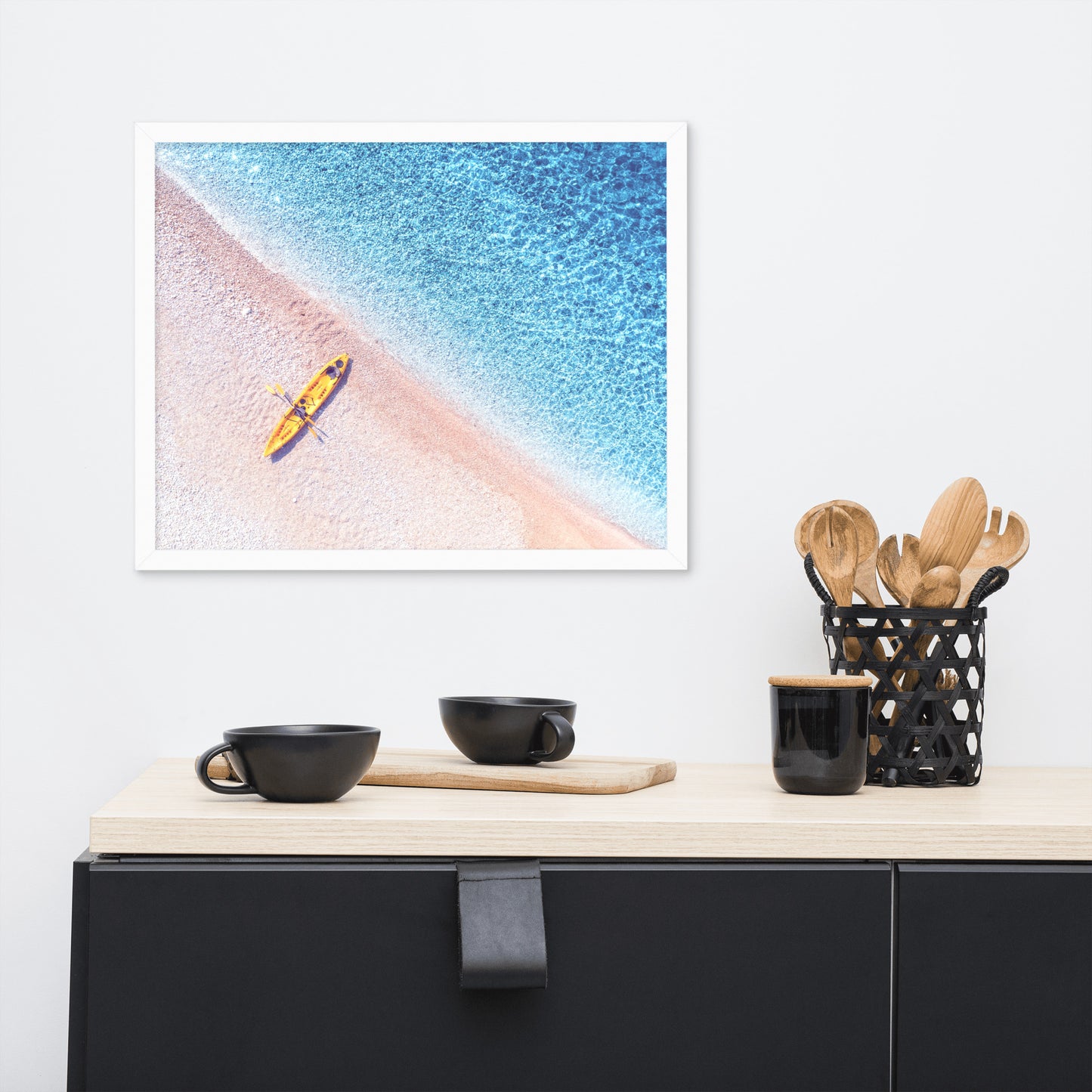 Yellow Canoe and Blue Sea with Violet Glow Effect Framed Wall Art Prints