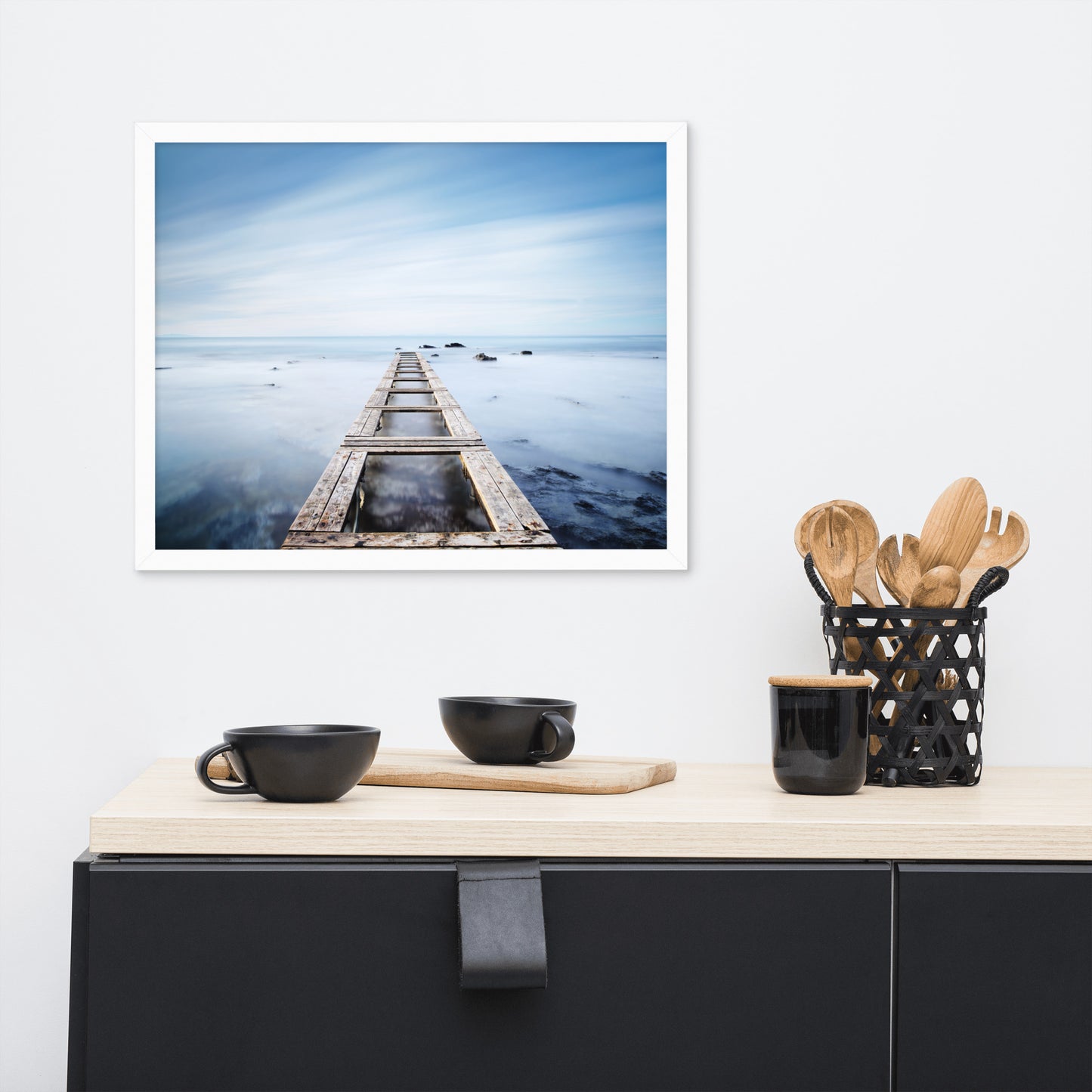 Moody Ocean and Sky Wooden Pier Framed Wall Art Prints