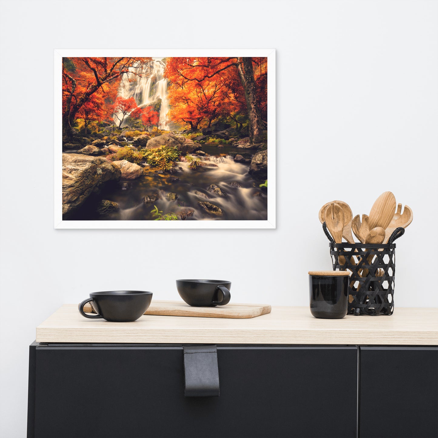 Waterfall in the Autumn with Golden Shadow Effect Framed Wall Art Prints