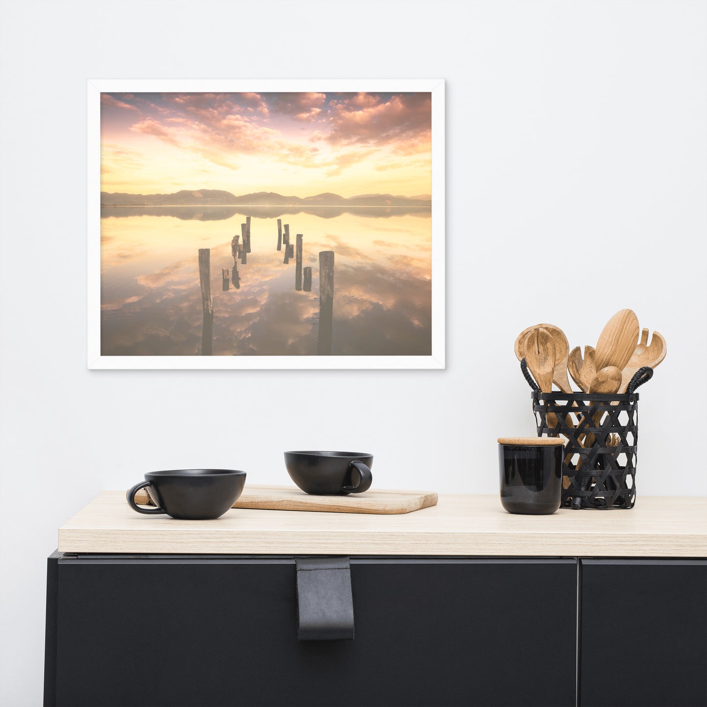 Sunset Pillars and Reflections on Lake Framed Wall Art Print