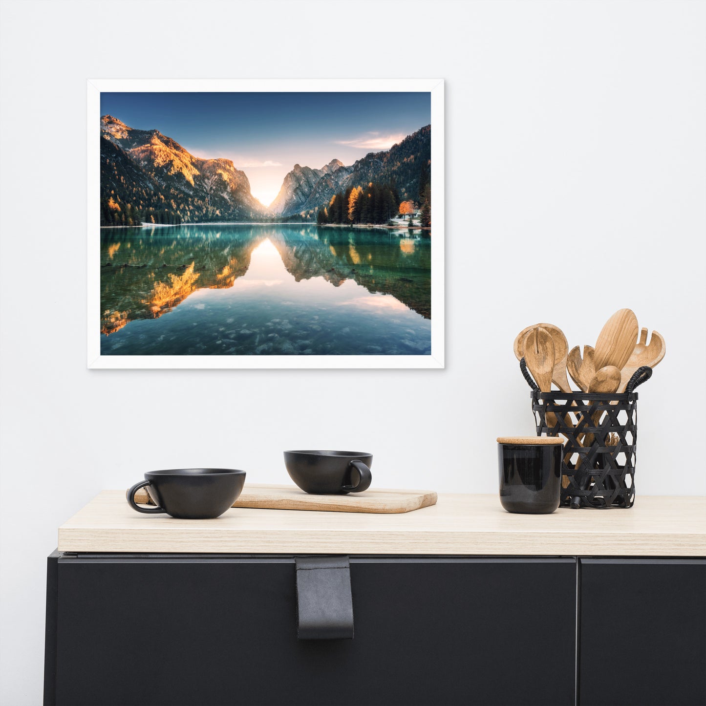 Sunrise Misty Mountain Lake Lively Color Effect Framed Wall Art Print