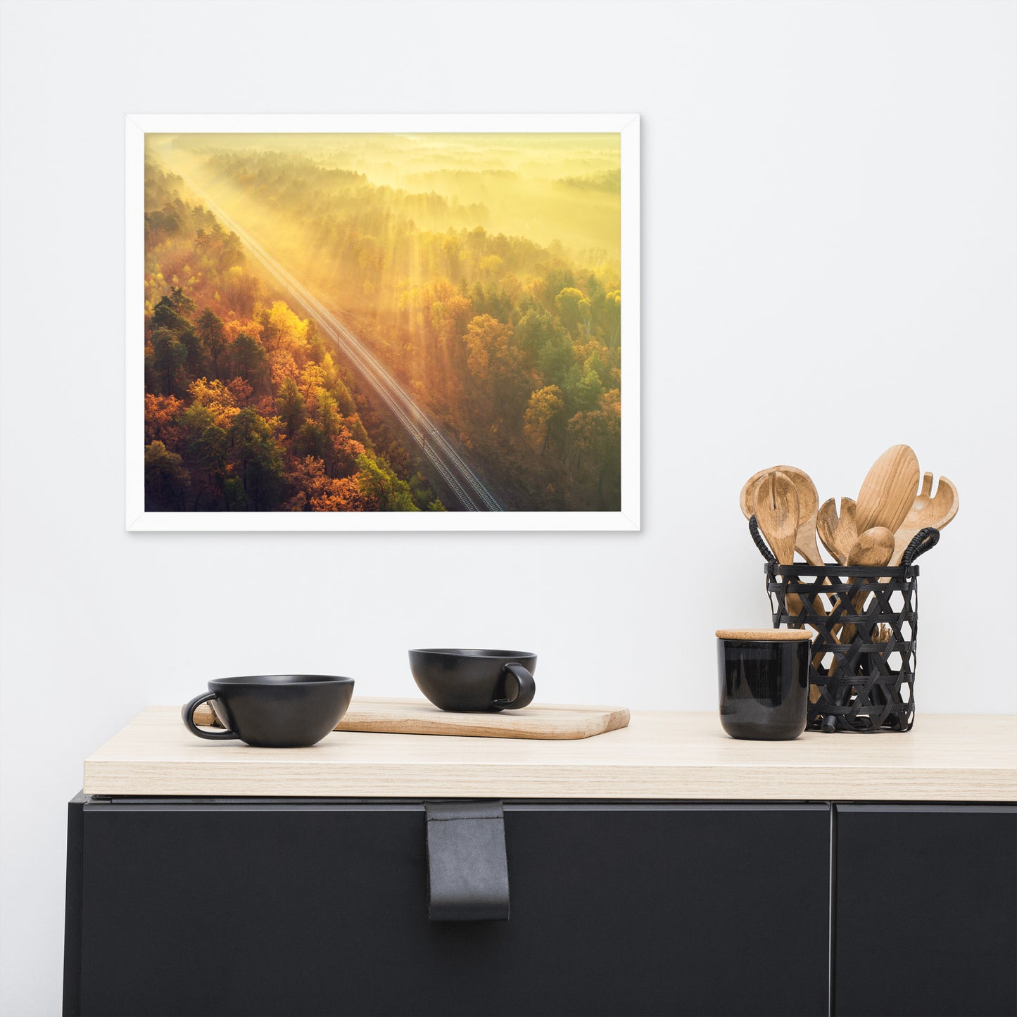 Sunrise Railroad Though Misty Forest With Golden Haze Effect Framed Wall Art Print