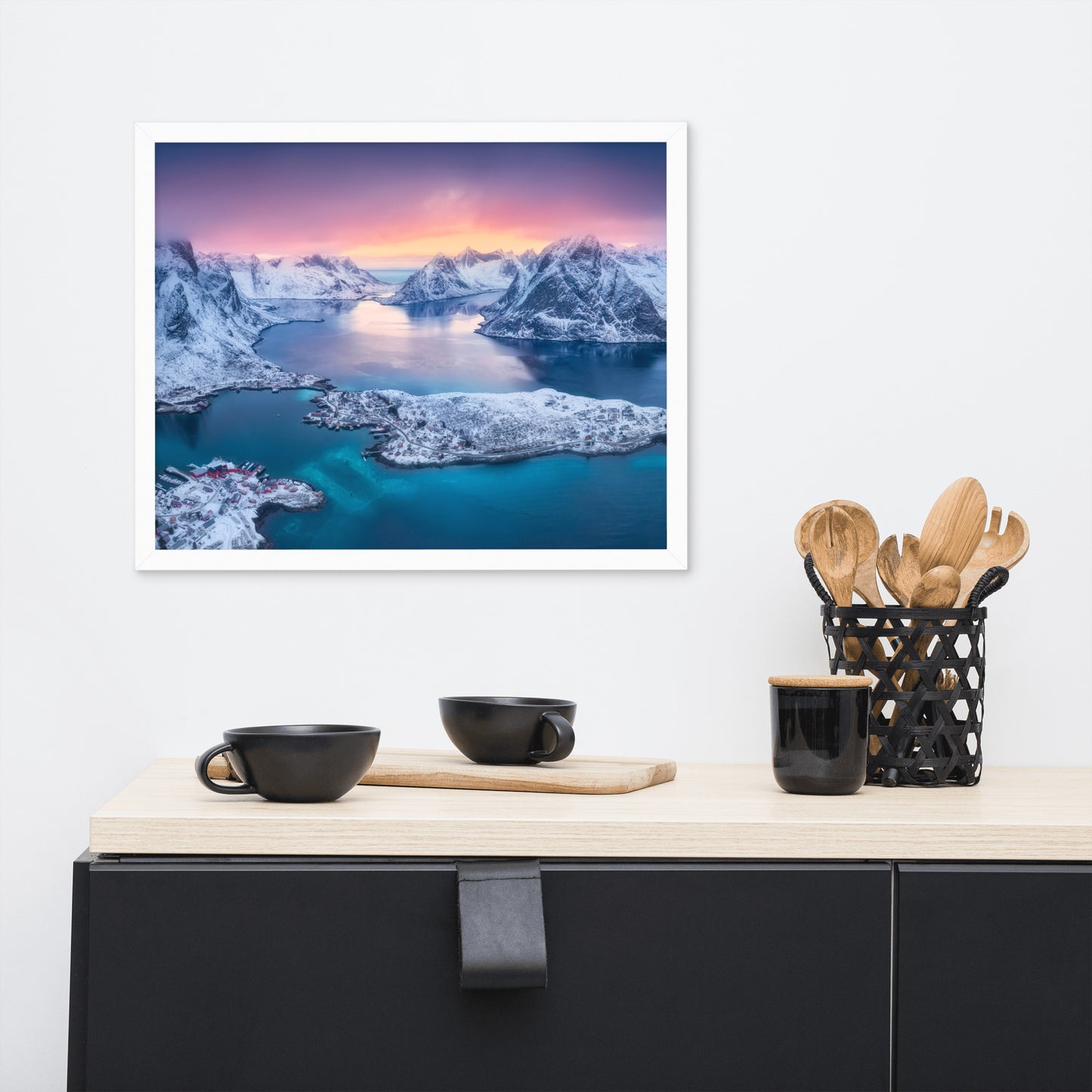 Reine at Winter Sunset Icy Mountain Framed Wall Art Print
