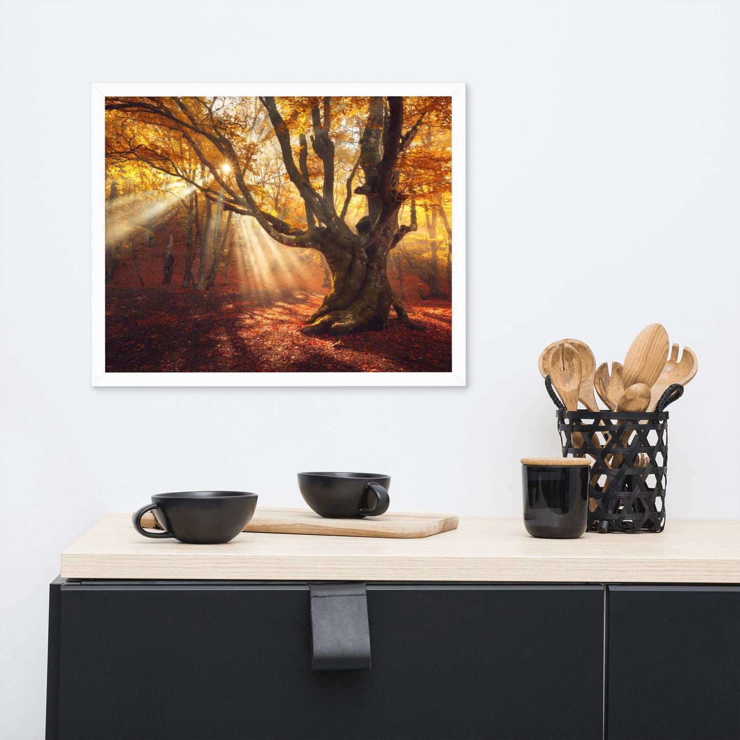 Old Magical Tree in Forest with Glory Rays Framed Wall Art Print