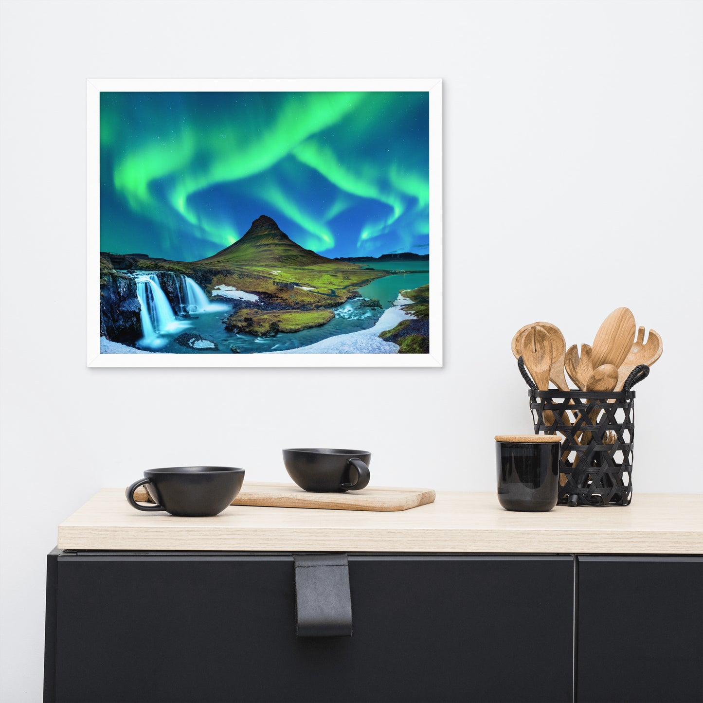 Winter Mountain Northern Lights Framed Wall Art Print
