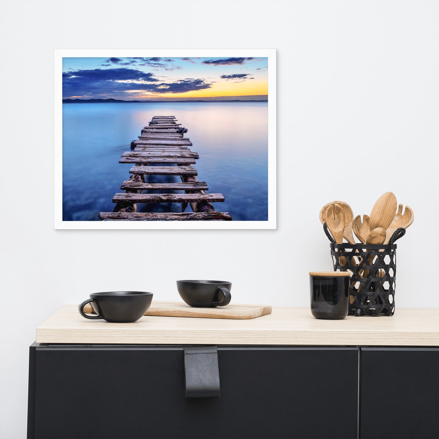 Old Weathered Lake Pier at Sunset Framed Wall Art Print