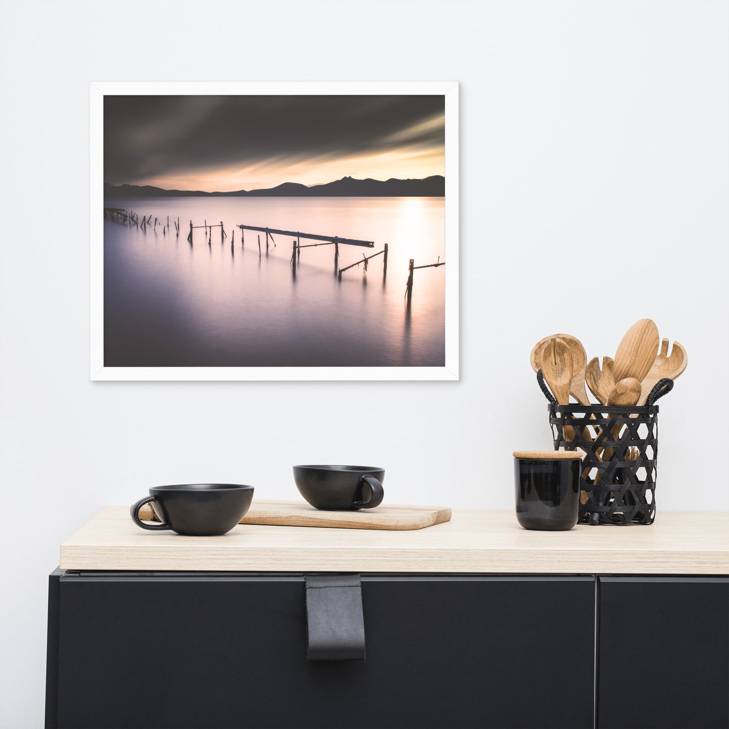 Moody Ruined Pier and Mountain Range Framed Wall Art Prints
