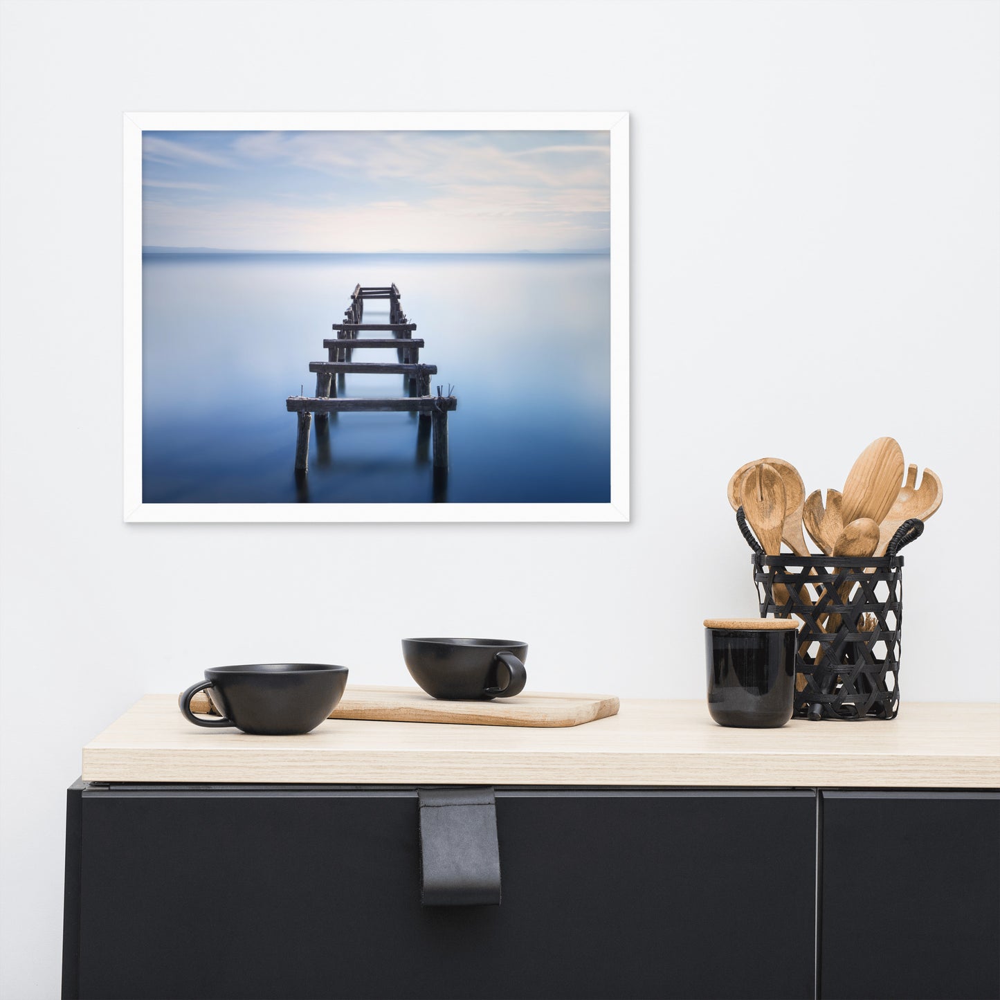 Soft Blue Lake and Abandoned Pier Landscape Photo Framed Wall Art Prints