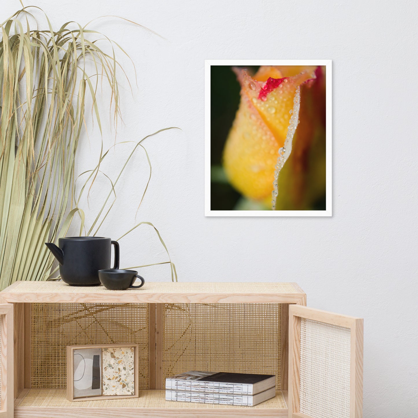 Dew on Yellow Rose Floral Nature Photo Framed Wall Art Print