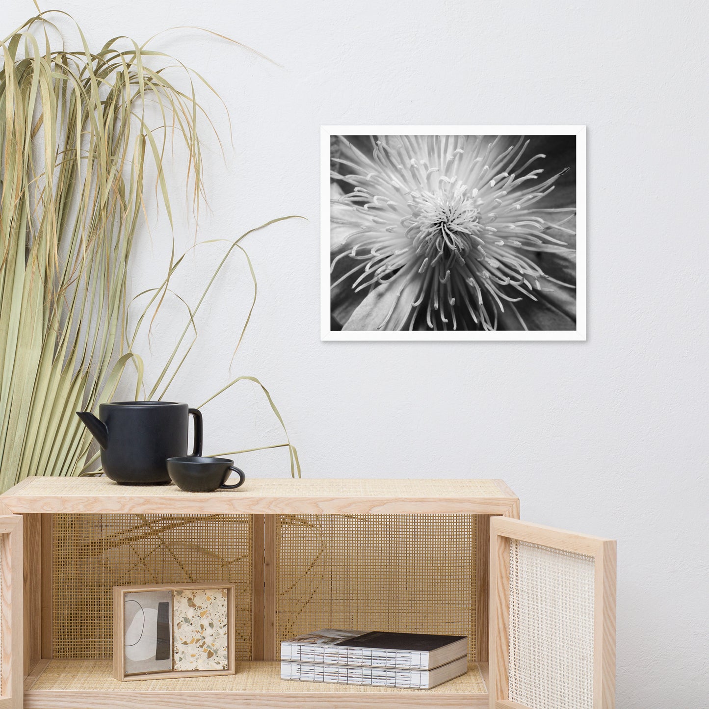 Center of Clematis Black and White Floral Nature Photo Framed Wall Art Print