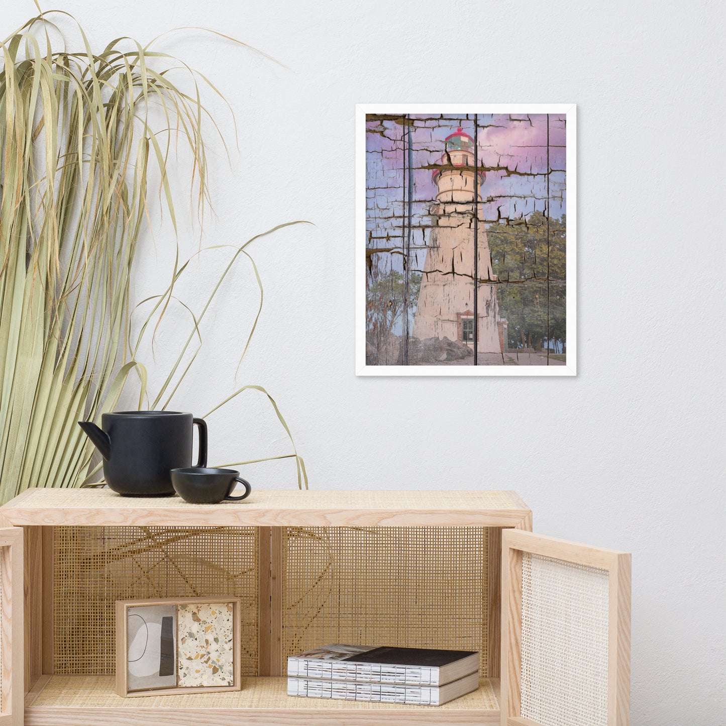 Faux Wood Texture Marblehead Lighthouse at Sunset Framed Photo Paper Wall Art Prints