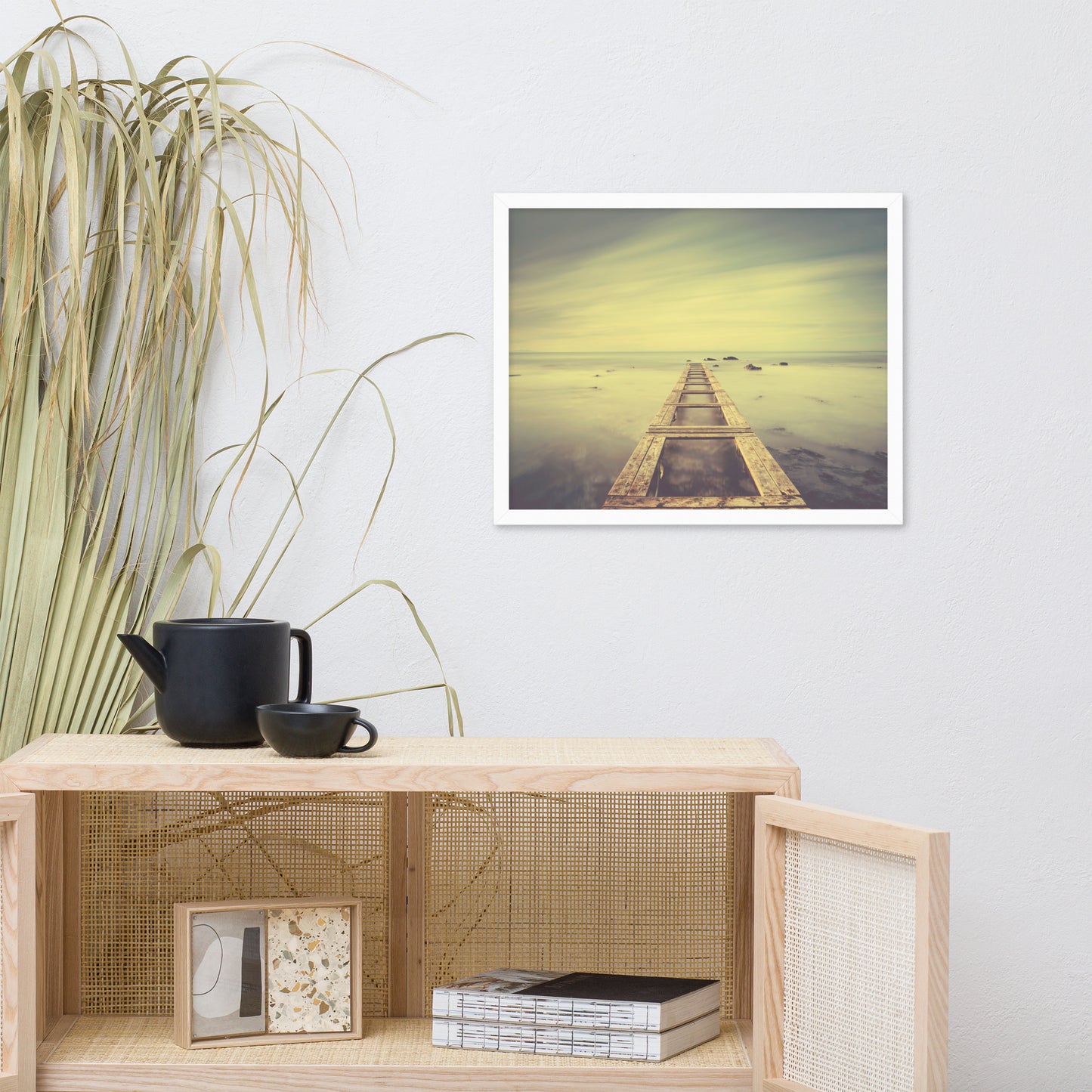 Moody Ocean and Sky Wooden Pier With Intrigued Trance Effects Framed Wall Art Prints