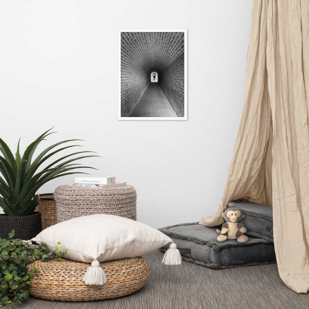 Black Industrial Wall Art: Fort Clinch Tunnel Black and White Photo Framed Wall Art Print