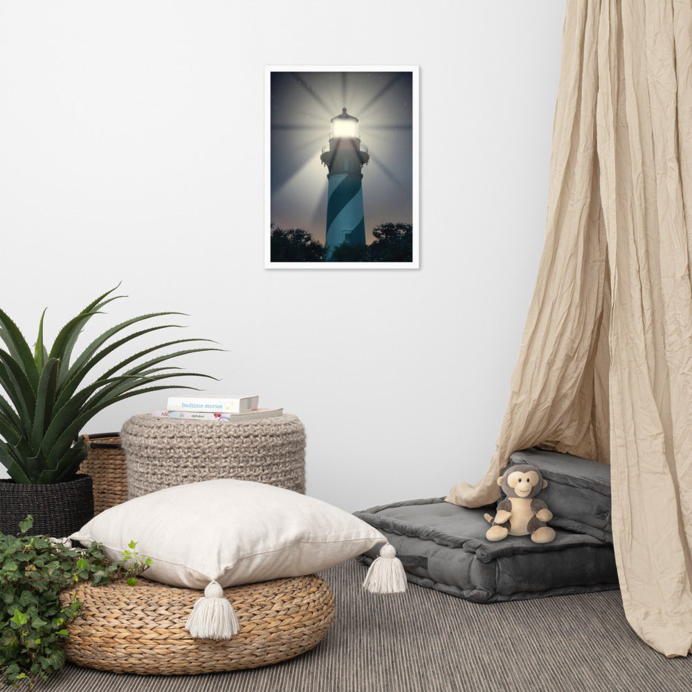 White Framed Beach Wall Art: St. Augustine Lighthouse Night Light Photo Framed Wall Art Print