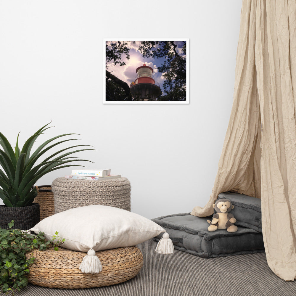 Coastal Wall Art Prints: Saint Augustine Lighthouse and Tree Branches Urban Building Photograph Framed Wall Art Prints