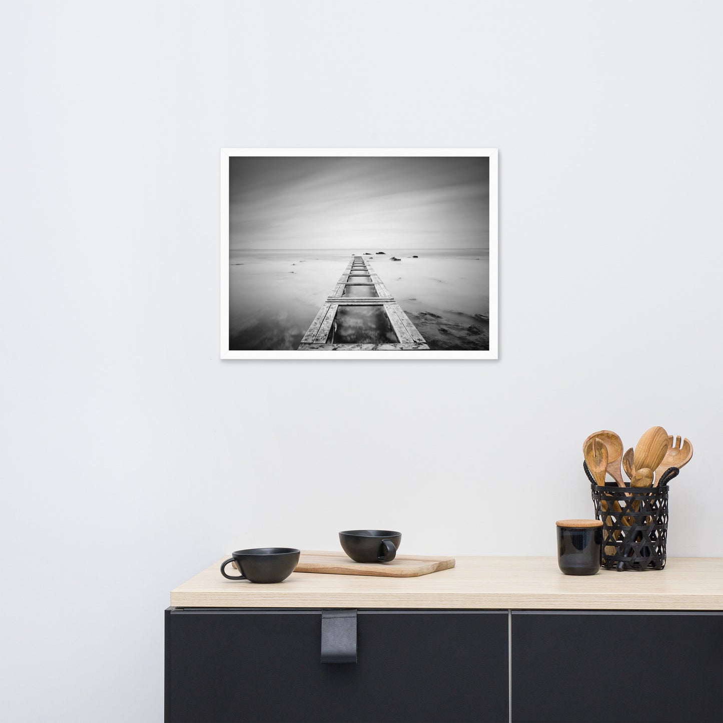 Moody Ocean and Sky Wooden Pier Black and White Framed Wall Art Prints