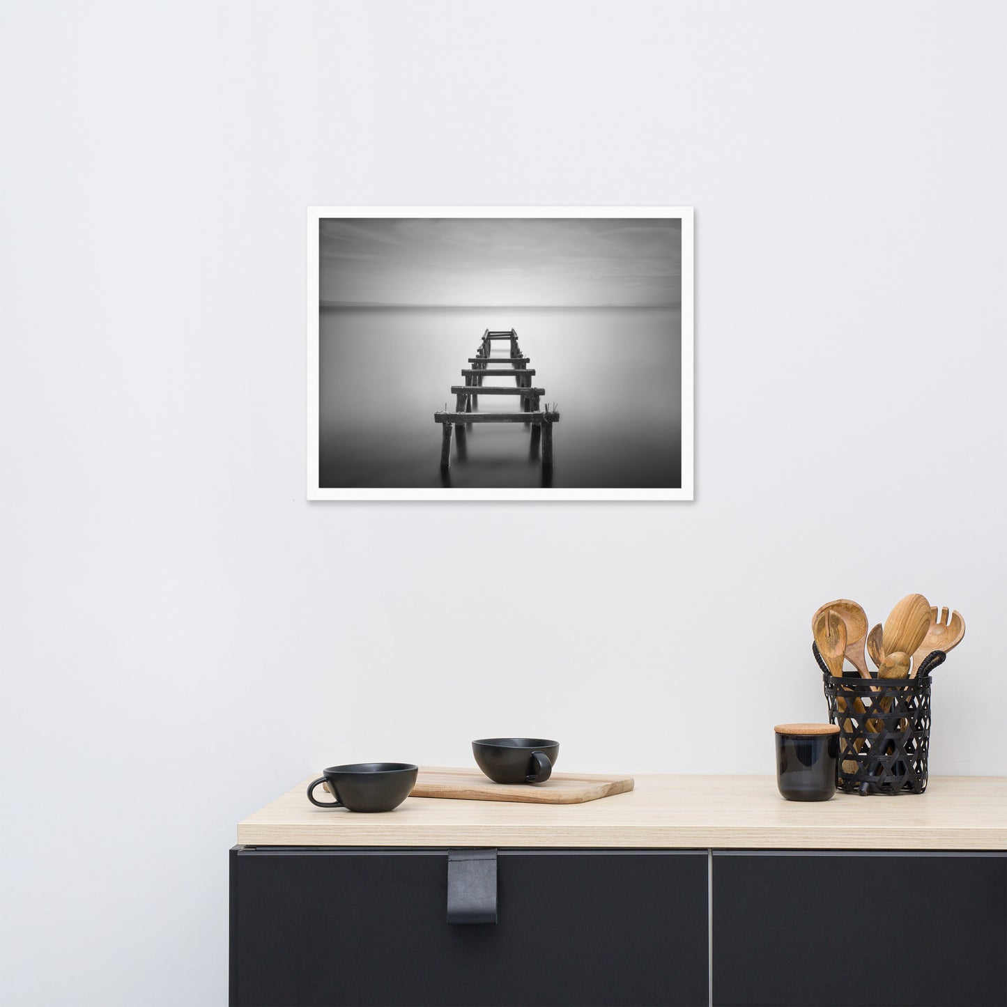 Soft Lake and Abandoned Pier Black and White Framed Wall Art Prints