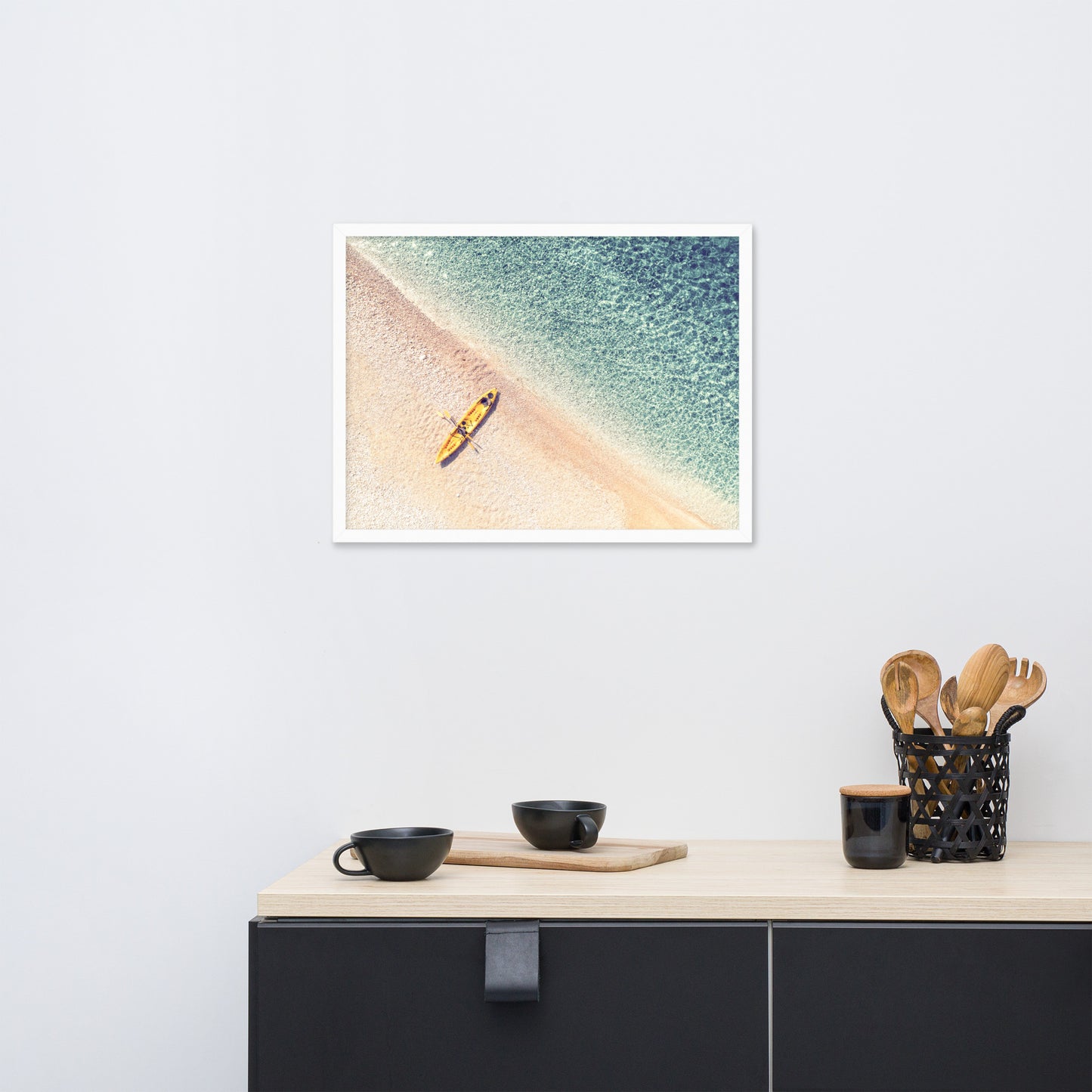 Yellow Canoe and Blue Sea by with Soft Violet Effect Framed Wall Art Prints