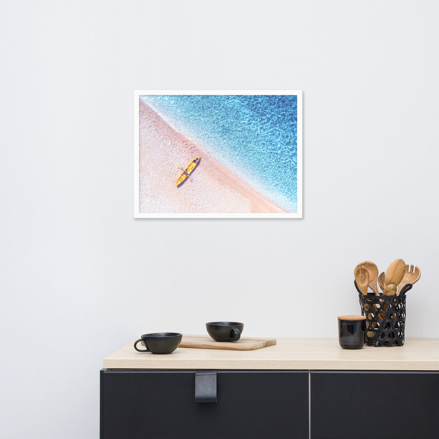 Yellow Canoe and Blue Sea with Violet Glow Effect Framed Wall Art Prints