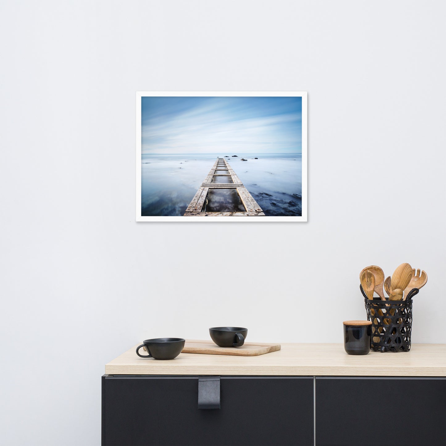 Moody Ocean and Sky Wooden Pier Framed Wall Art Prints