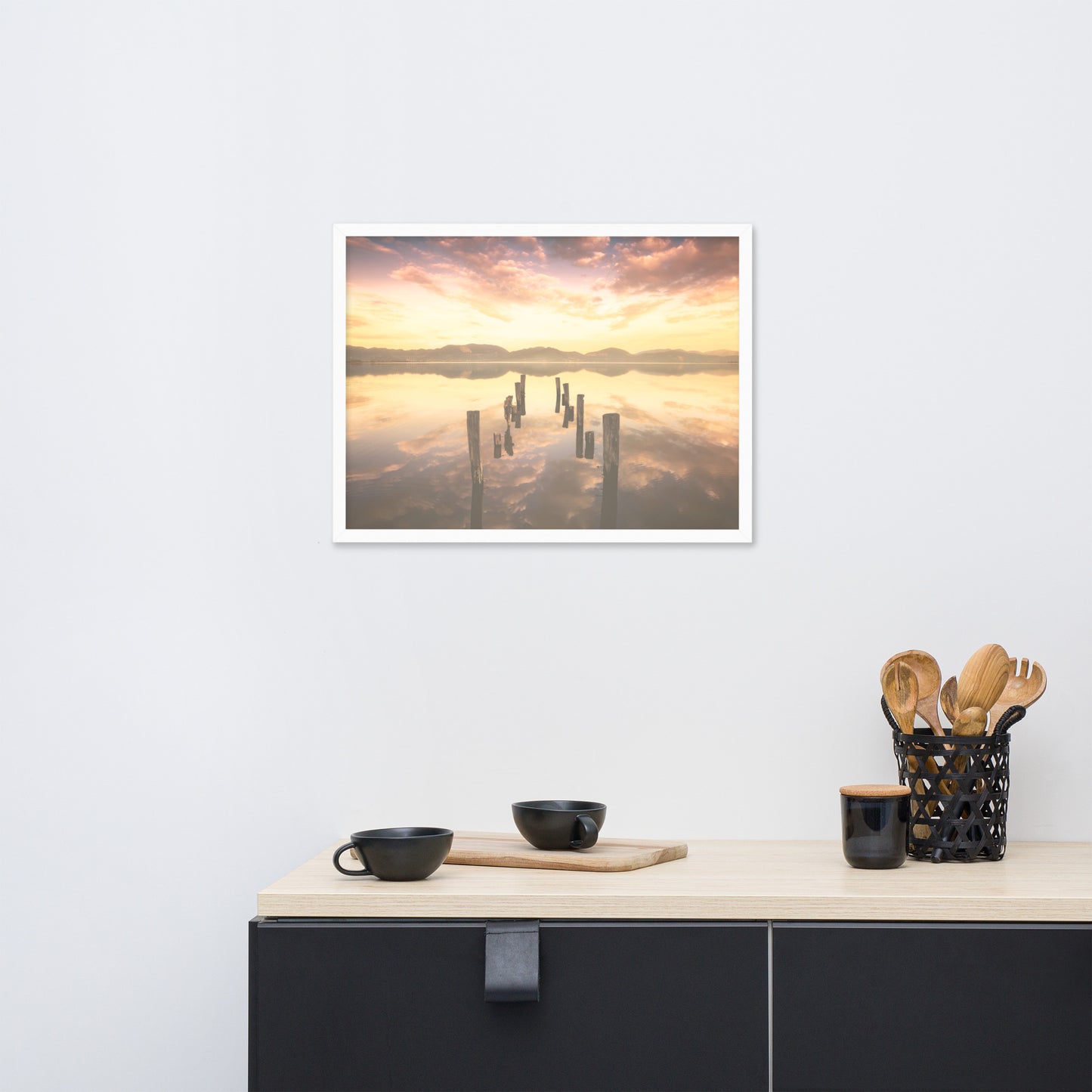 Sunset Pillars and Reflections on Lake Framed Wall Art Print