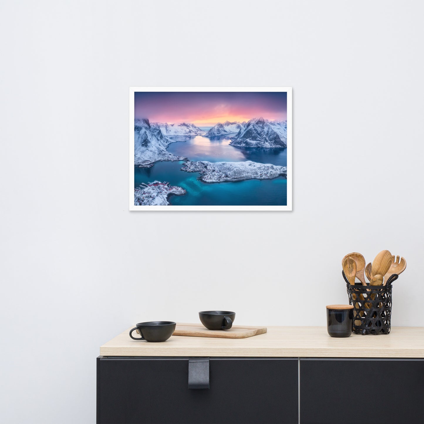 Reine at Winter Sunset Icy Mountain Framed Wall Art Print