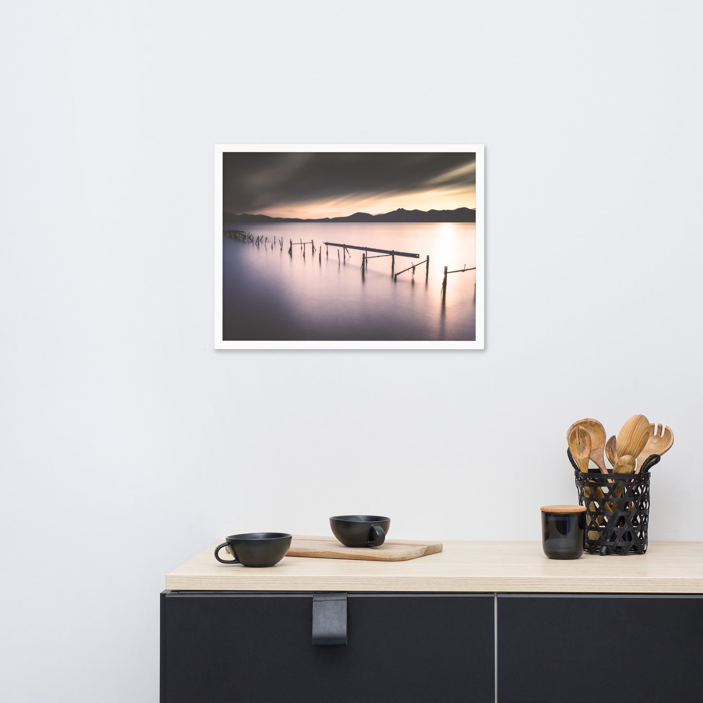 Moody Ruined Pier and Mountain Range Framed Wall Art Prints