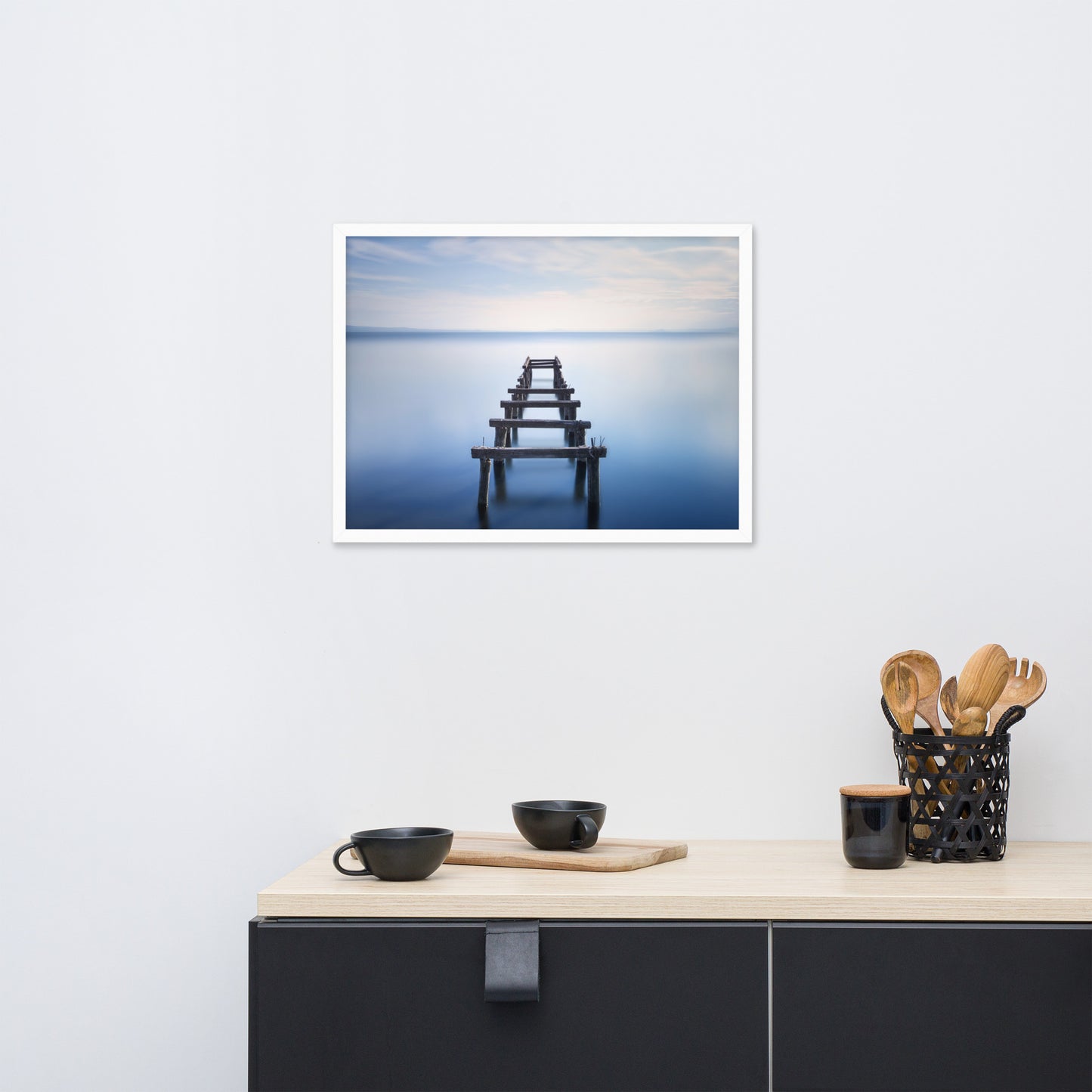 Soft Blue Lake and Abandoned Pier Landscape Photo Framed Wall Art Prints
