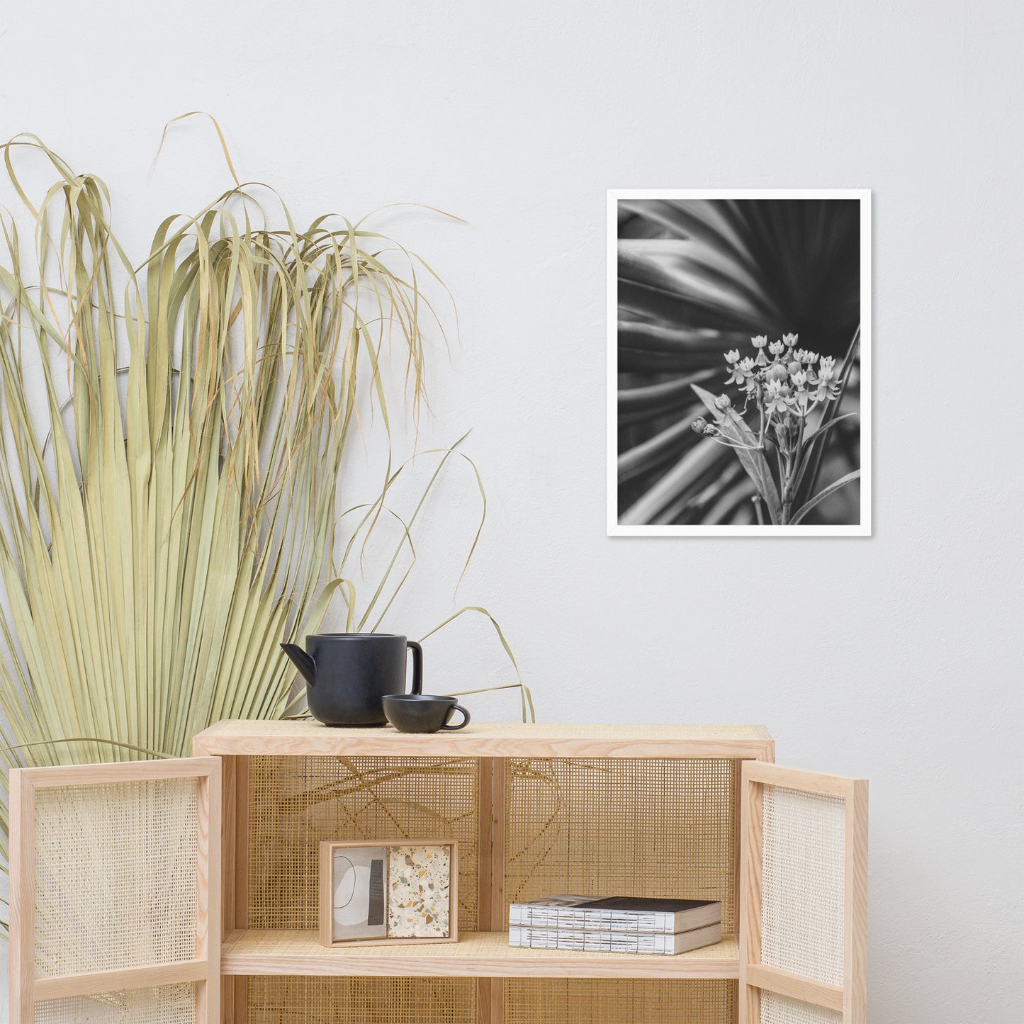 Bloodflowers and Palm Black and White Framed Wall Art Print