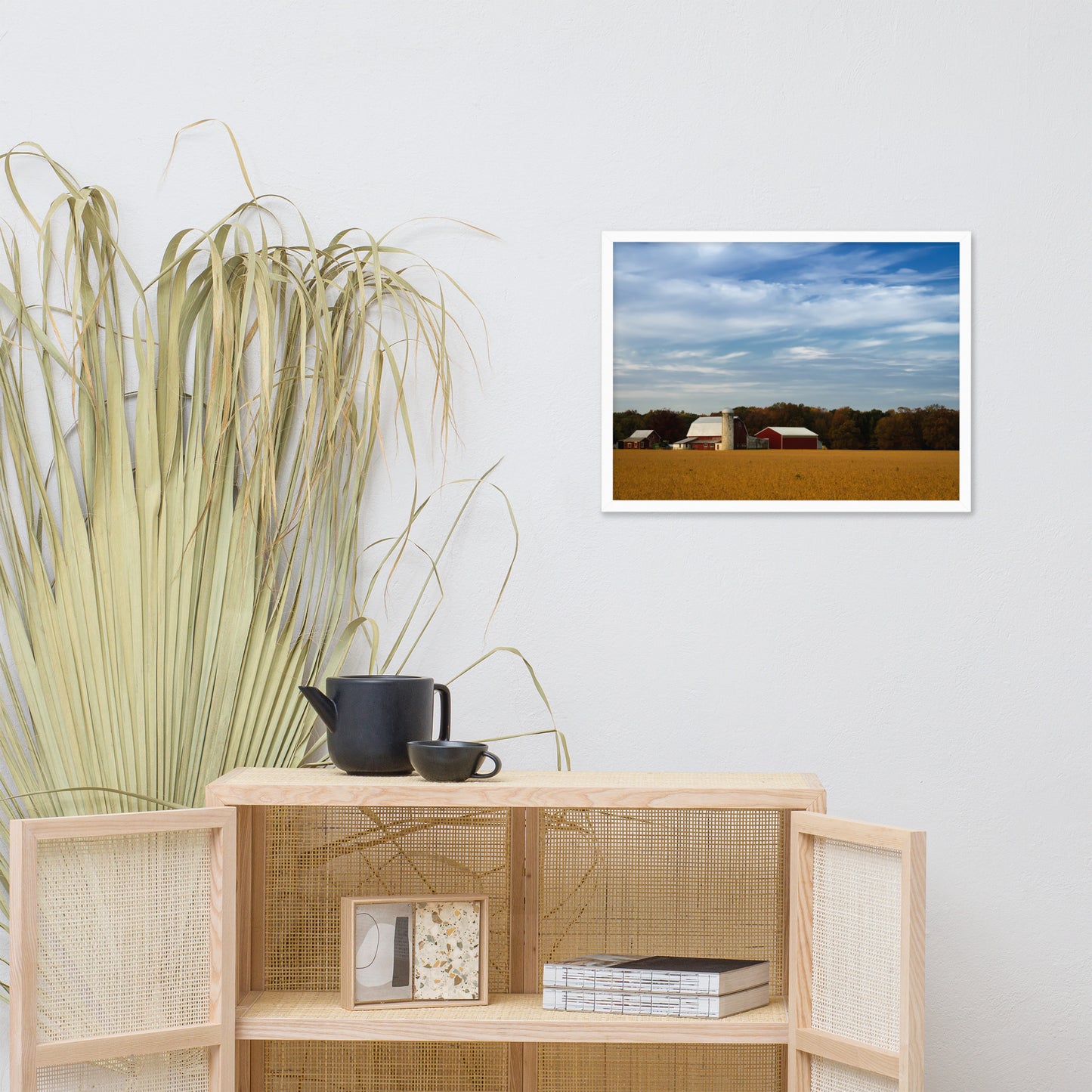 Red Barn in Golden Field Rural Landscape Framed Photo Paper Wall Art Prints