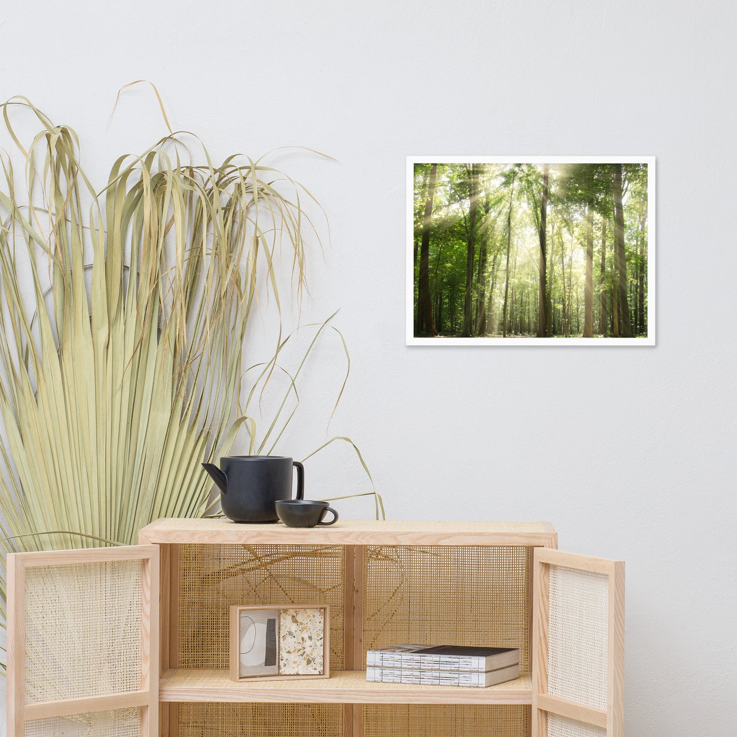 Sun Rays Through Treetops in the Forest Framed Photo Paper Wall Art Prints