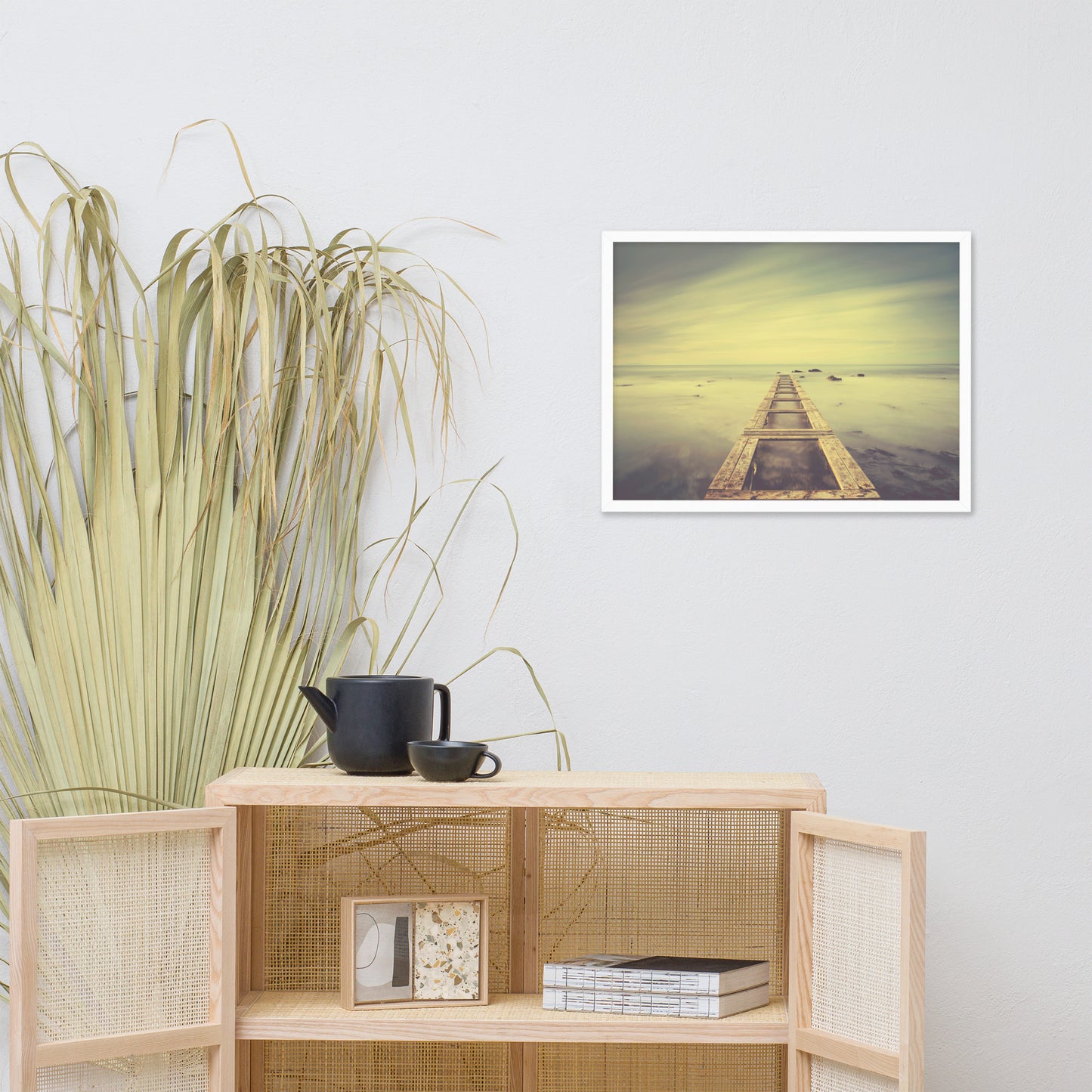 Moody Ocean and Sky Wooden Pier With Intrigued Trance Effects Framed Wall Art Prints