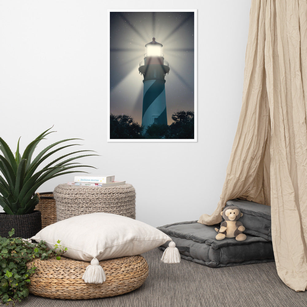 Large Framed Coastal Wall Art: St. Augustine Lighthouse Night Light Photo Framed Wall Art Print
