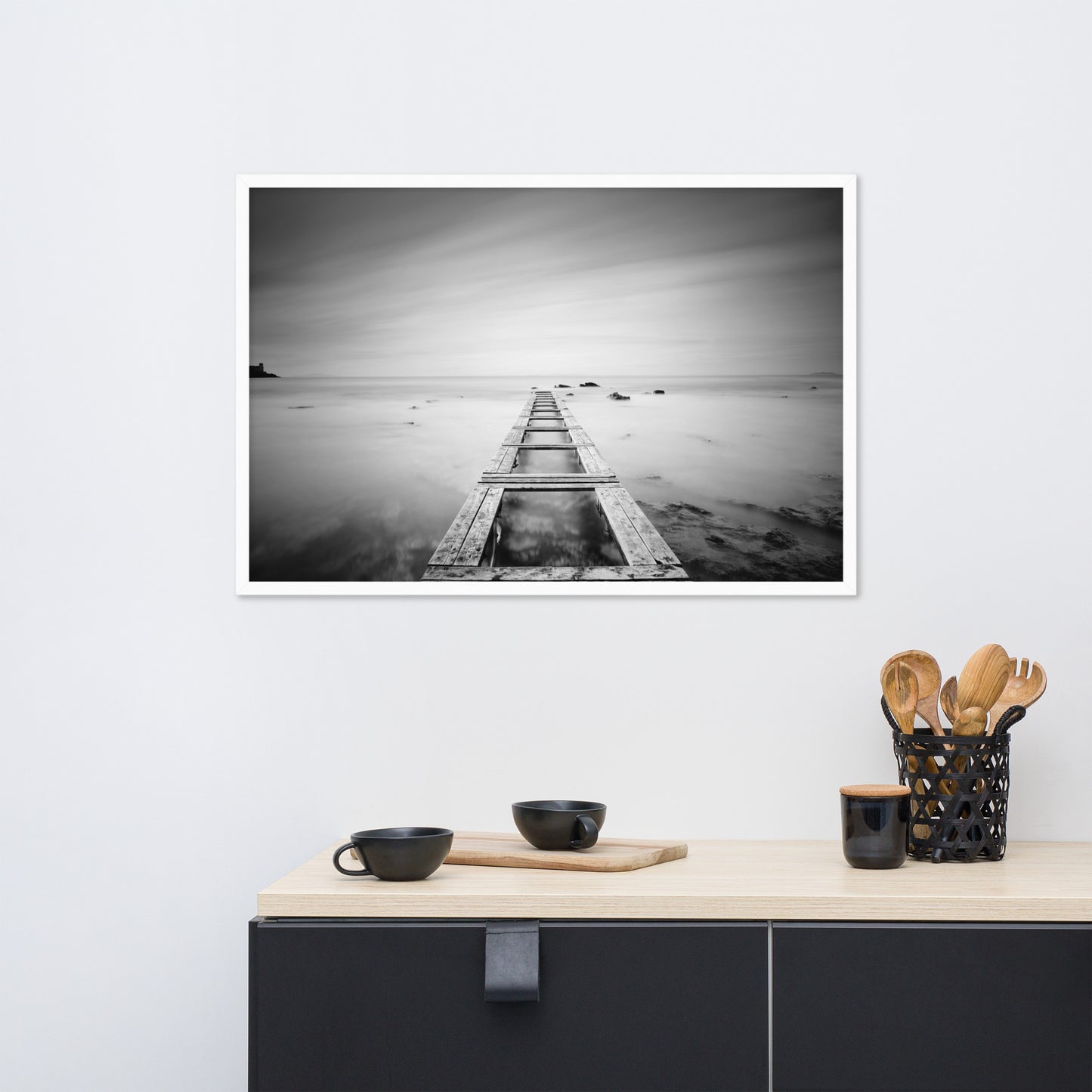 Moody Ocean and Sky Wooden Pier Black and White Framed Wall Art Prints
