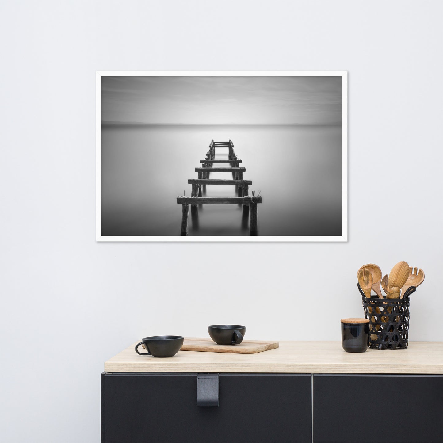 Soft Lake and Abandoned Pier Black and White Framed Wall Art Prints