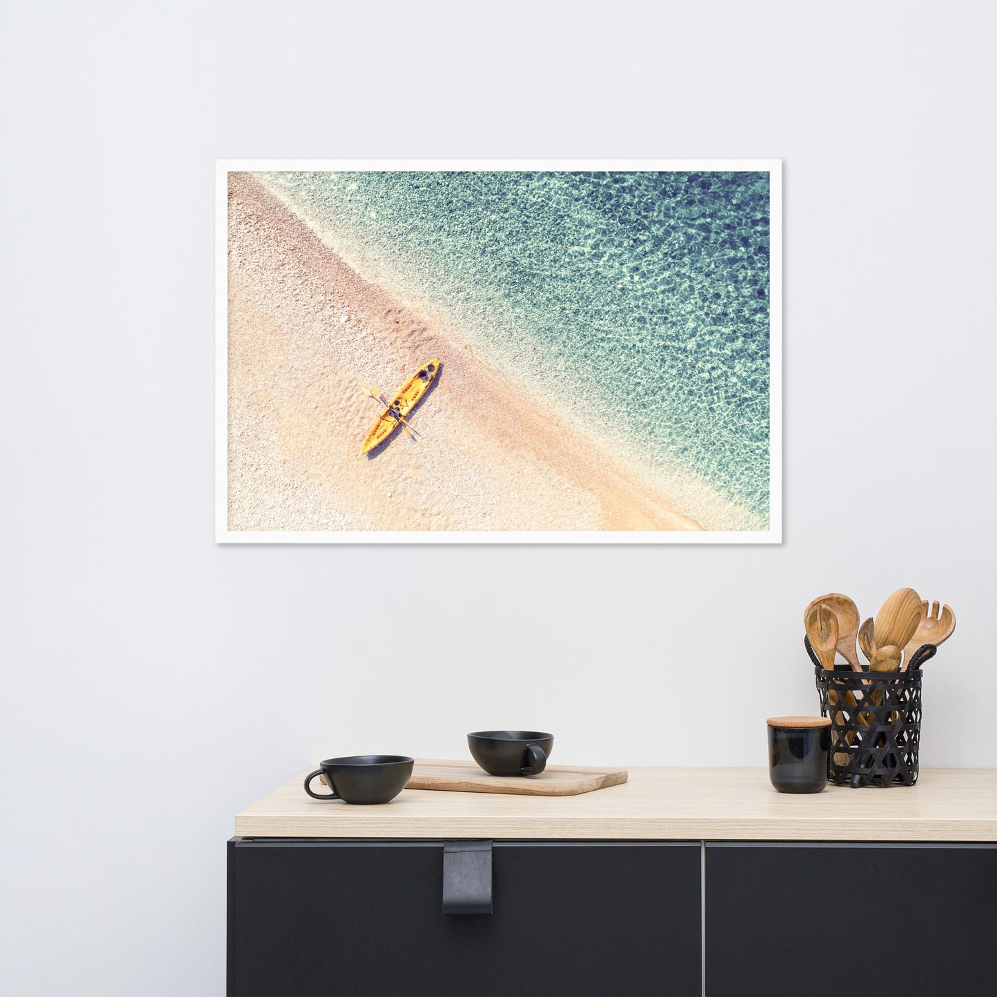 Yellow Canoe and Blue Sea by with Soft Violet Effect Framed Wall Art Prints