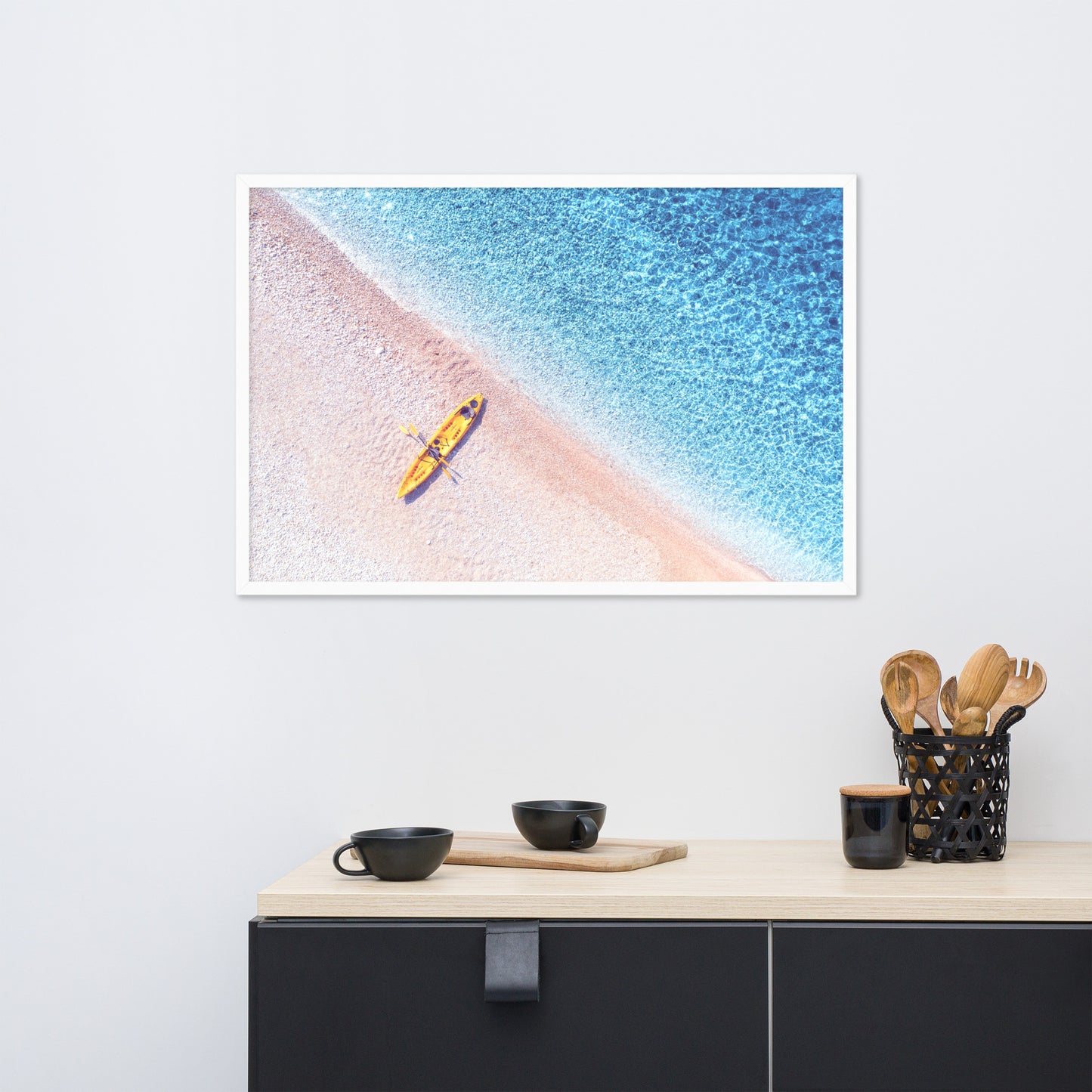 Yellow Canoe and Blue Sea with Violet Glow Effect Framed Wall Art Prints